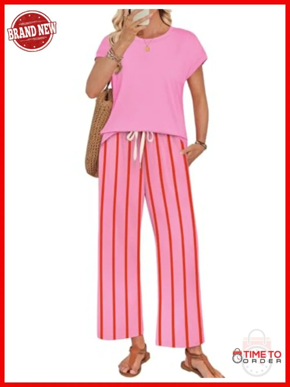 Two Piece Lounge Set Cap Sleeve Top Wide Leg Pants Beach Vacation Travel